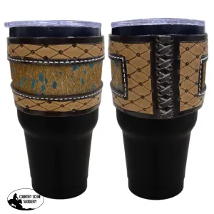 30 oz Insulated Black Tumbler with Argentina Cow Leather Cowhide with teal spots Inlay Sleeve.