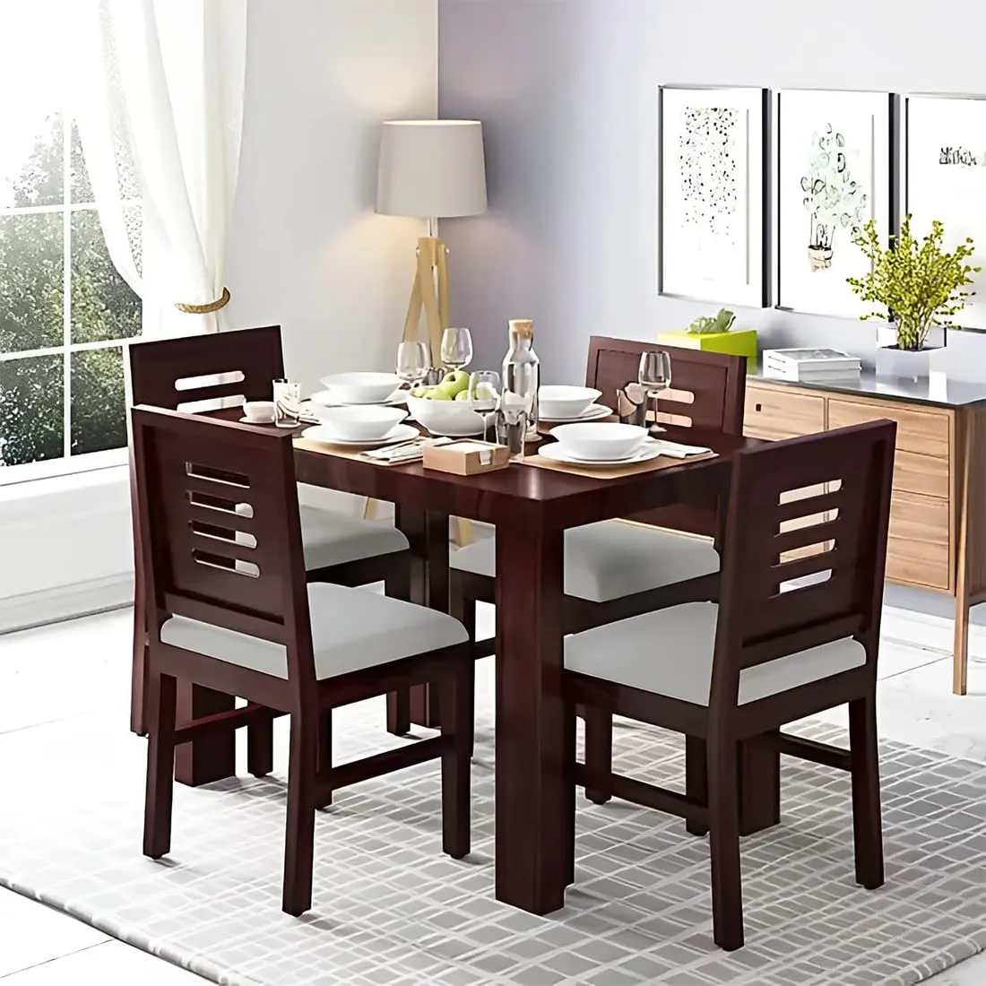 ANUBHAV HANDICRAFTS Sheesham Wood 4 Seater Dining Table Set for Home Hall || Solid Wood Dining Table with 4 Chairs for Hotels | Dining Room Sets - Walnut Finish