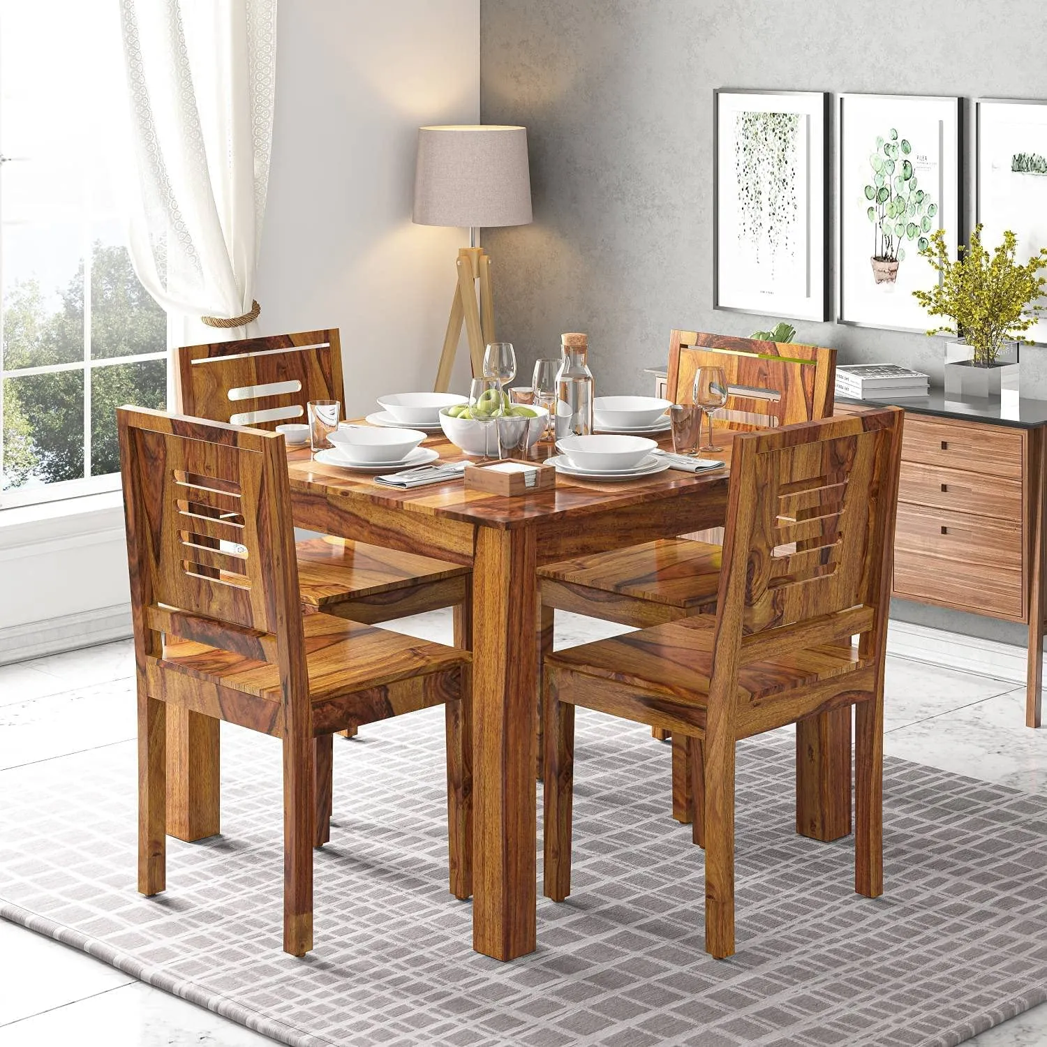 ANUBHAV HANDICRAFTS Solid Sheesham Wood 4 Seater Dining Table Set with 4 Chairs for Dining Room Living Room Home Office Wooden Furniture Dining Room Set (Teak Finish)