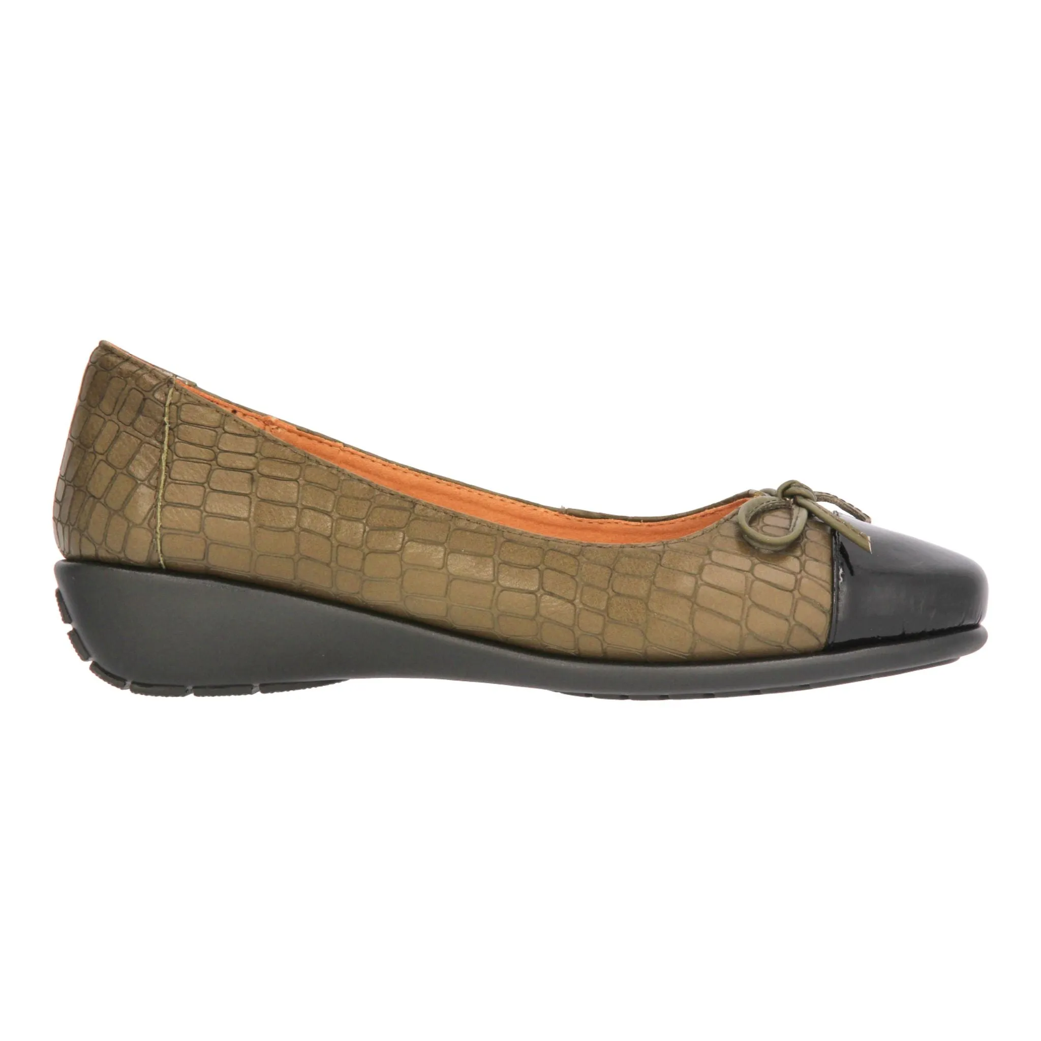 Barani Khaki Croc Leather Pumps (with Micro Wedge, Fixed Ribbon)