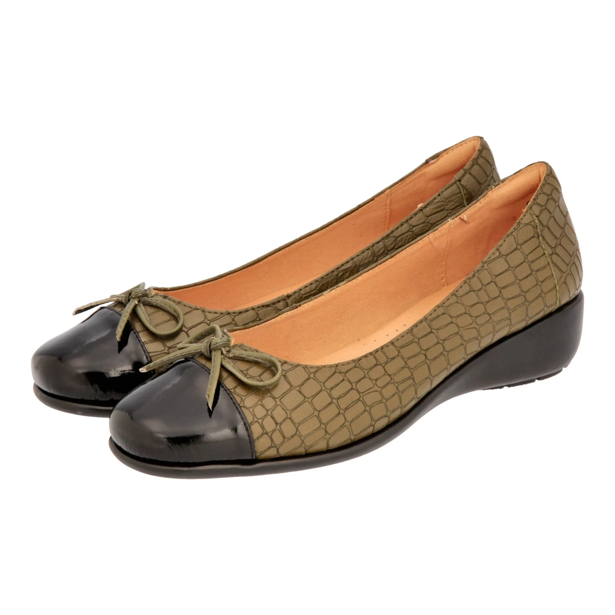 Barani Khaki Croc Leather Pumps (with Micro Wedge, Fixed Ribbon)