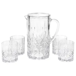 Break Resistant Crystal Clear Plastic Pitcher with Lid and 4 Tumbler Glasses Drinkware Set - Perfect for Iced Tea, Sangria, Lemonade (88 fl oz. pitcher - 14 fl oz. glasses)