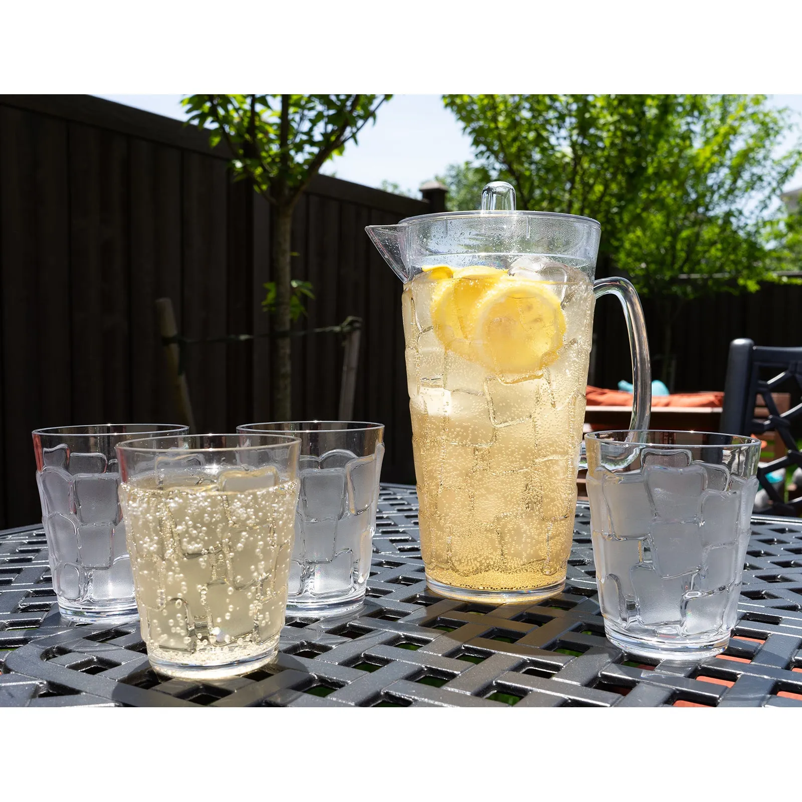 Break Resistant "Frosted" Clear 2.5 Qt. Plastic Pitcher and 4 Glasses Set - (83 oz - 17 oz)