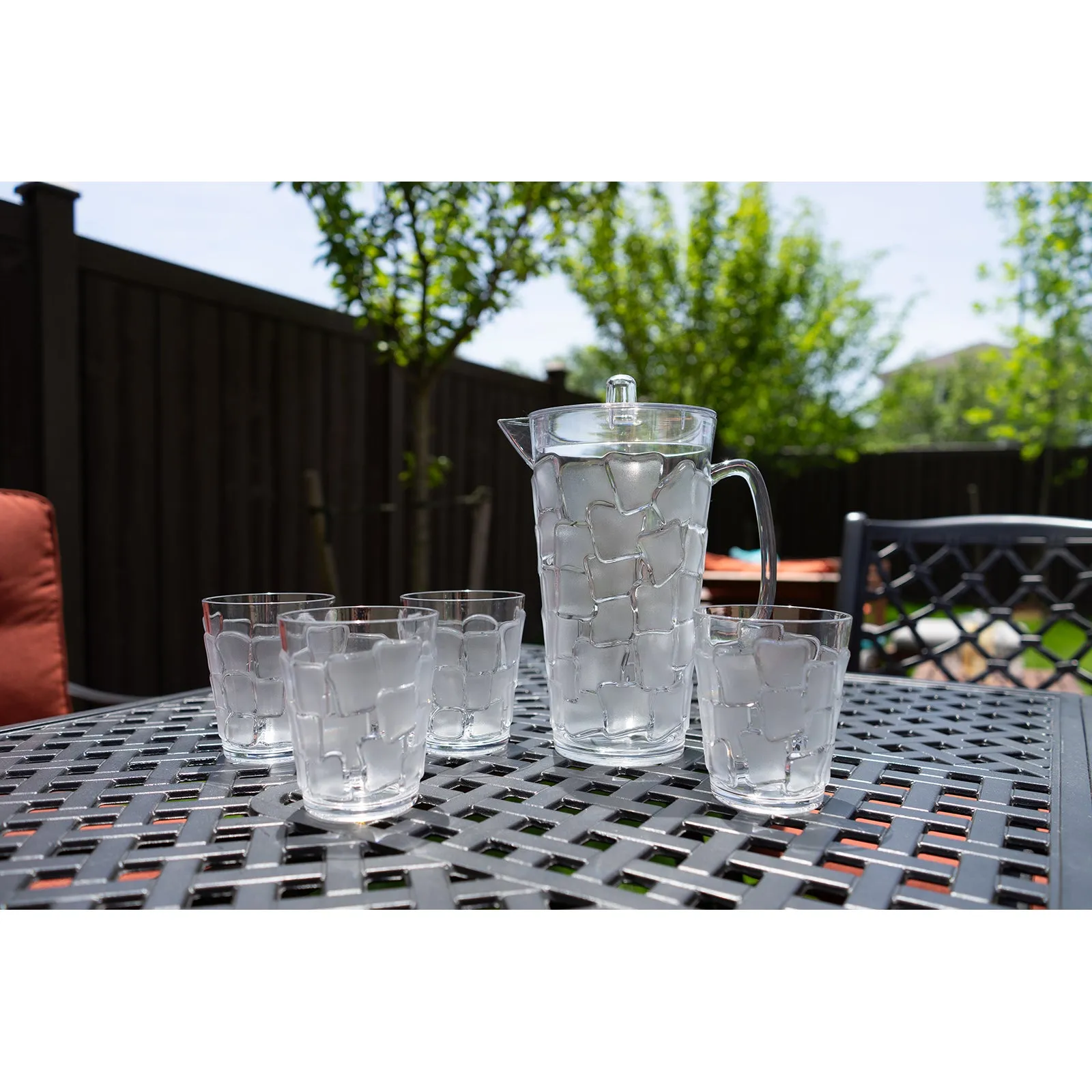 Break Resistant "Frosted" Clear 2.5 Qt. Plastic Pitcher and 4 Glasses Set - (83 oz - 17 oz)