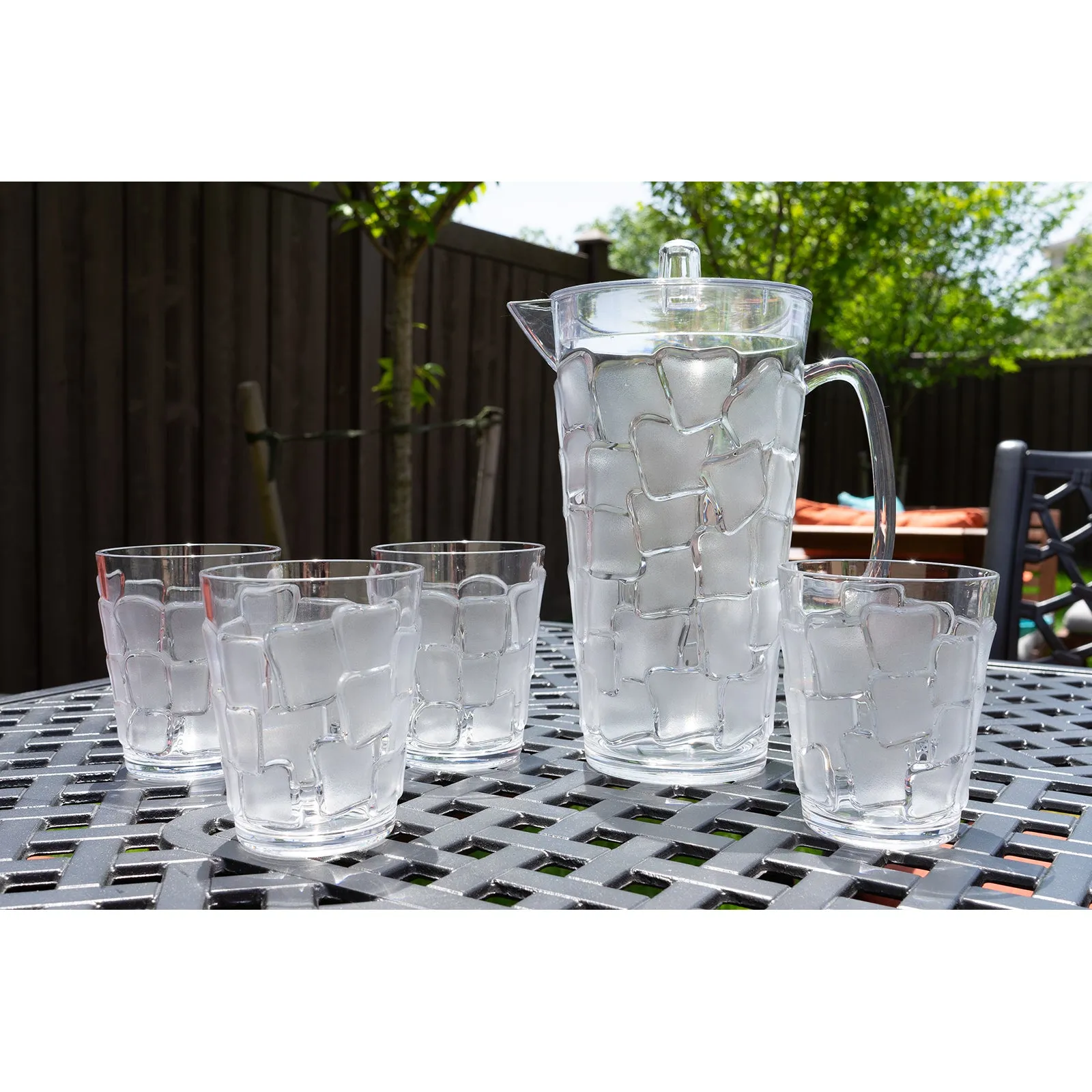 Break Resistant "Frosted" Clear 2.5 Qt. Plastic Pitcher and 4 Glasses Set - (83 oz - 17 oz)