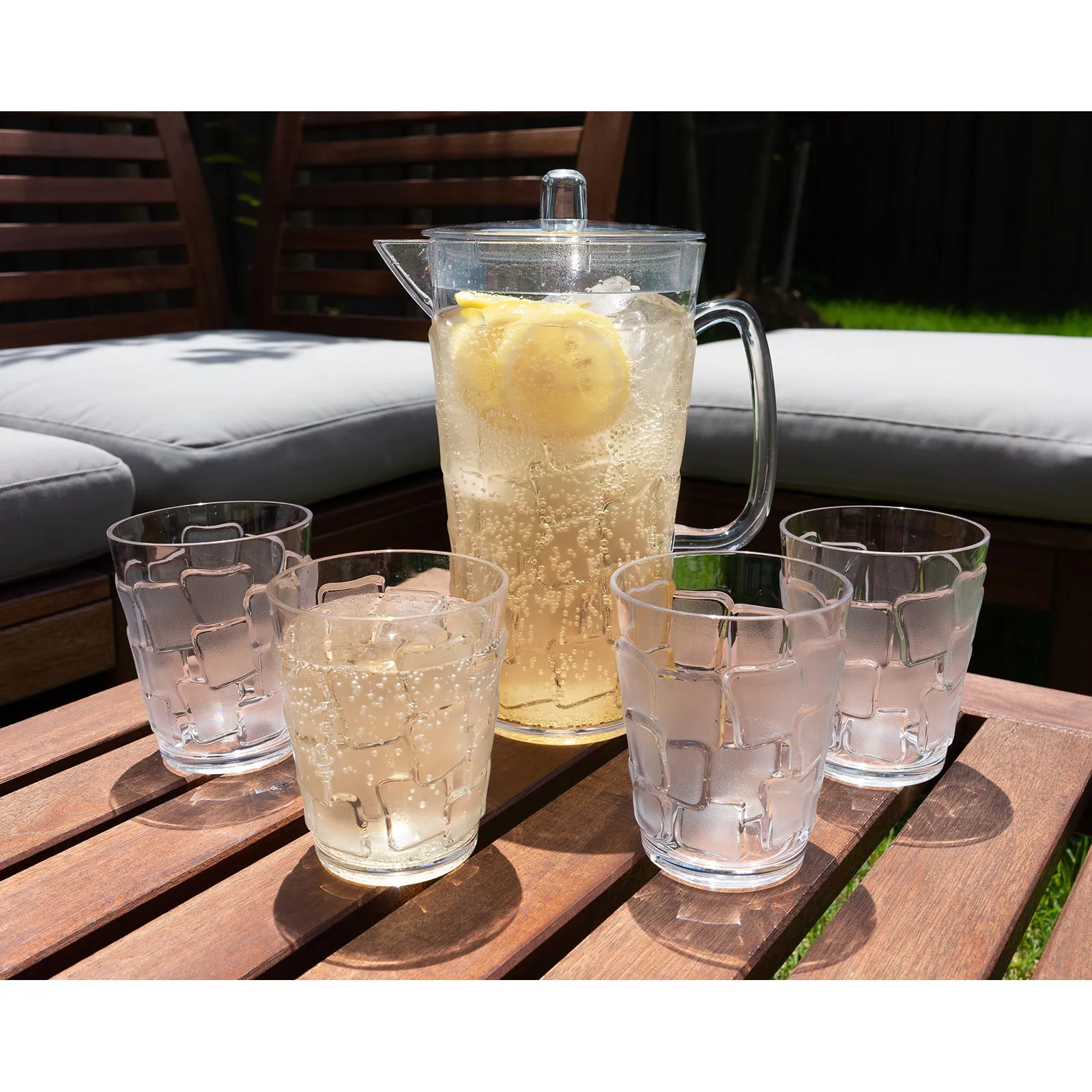 Break Resistant "Frosted" Clear 2.5 Qt. Plastic Pitcher and 4 Glasses Set - (83 oz - 17 oz)