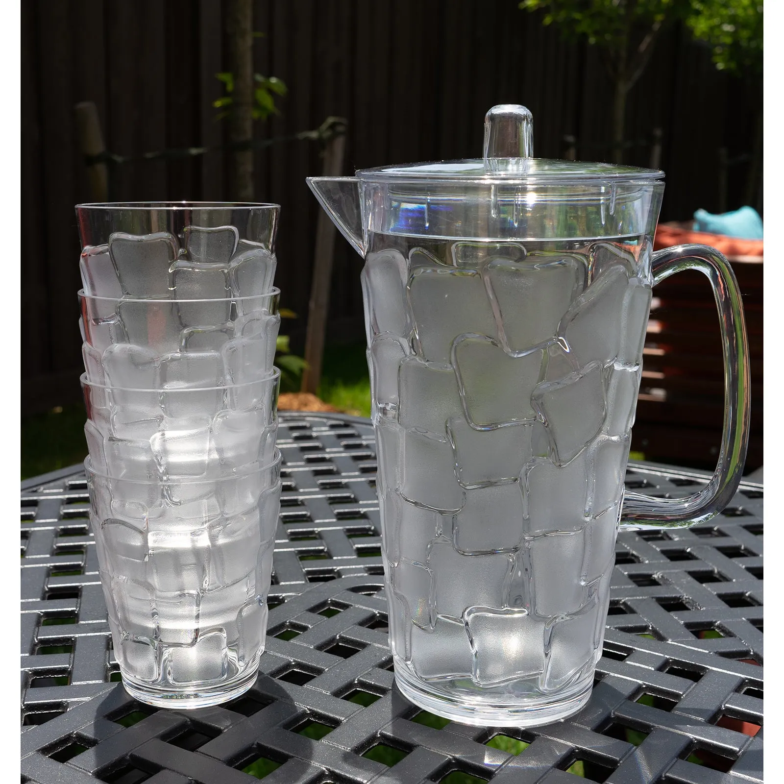 Break Resistant "Frosted" Clear 2.5 Qt. Plastic Pitcher and 4 Glasses Set - (83 oz - 17 oz)