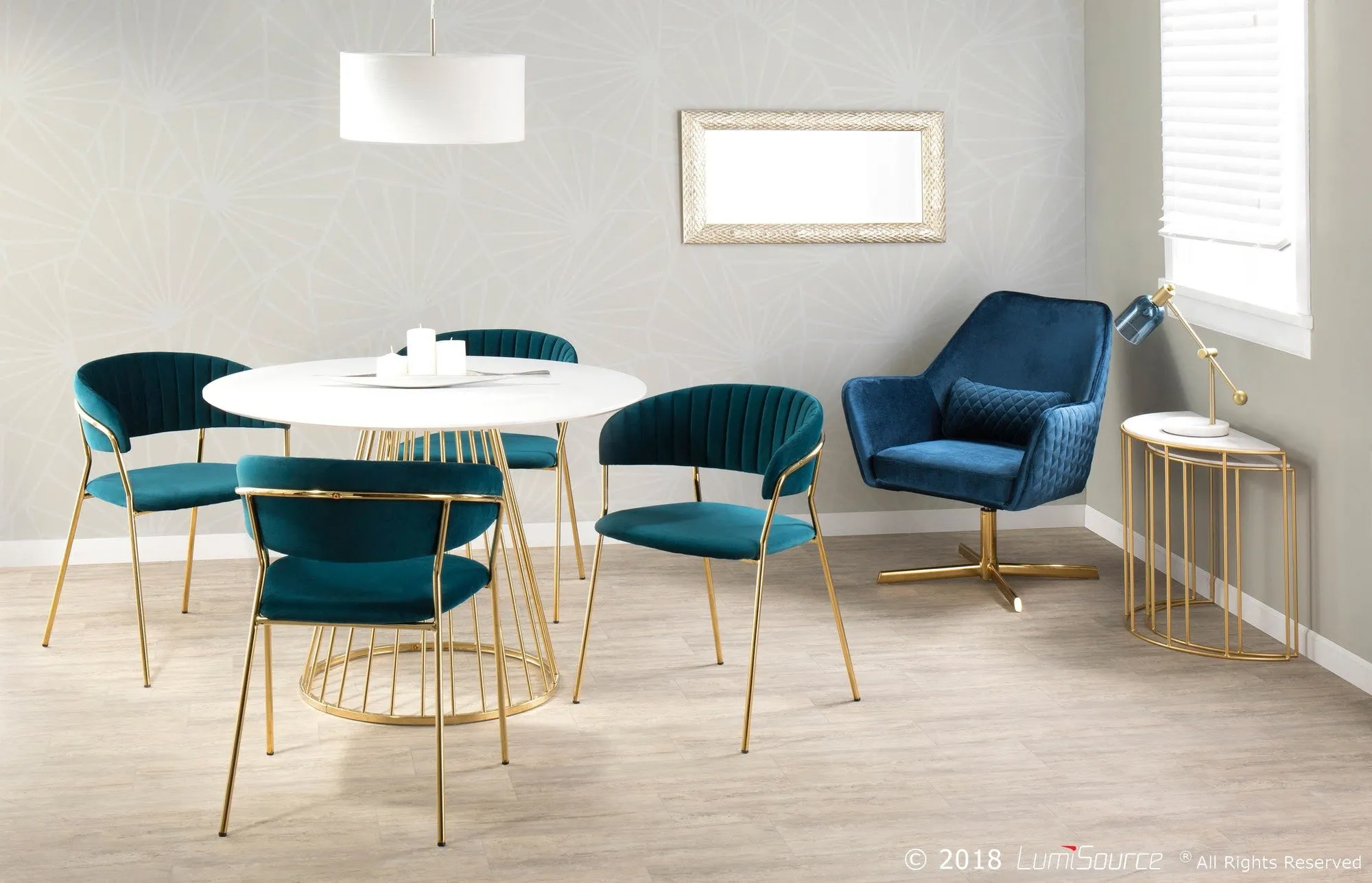 Canary-Tania Contemporary Dining Set in Gold Metal, White Wood and Teal Velvet by LumiSource