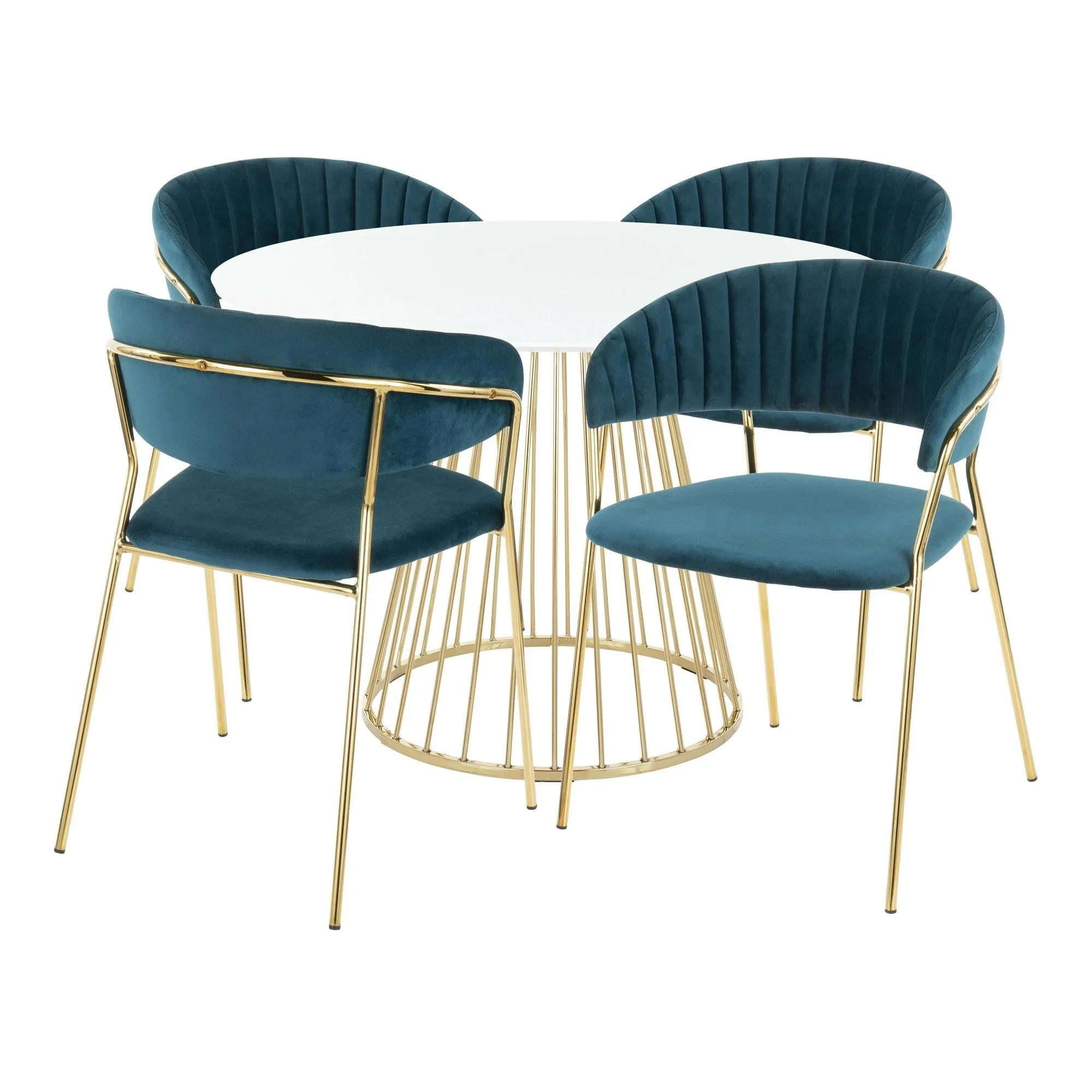 Canary-Tania Contemporary Dining Set in Gold Metal, White Wood and Teal Velvet by LumiSource