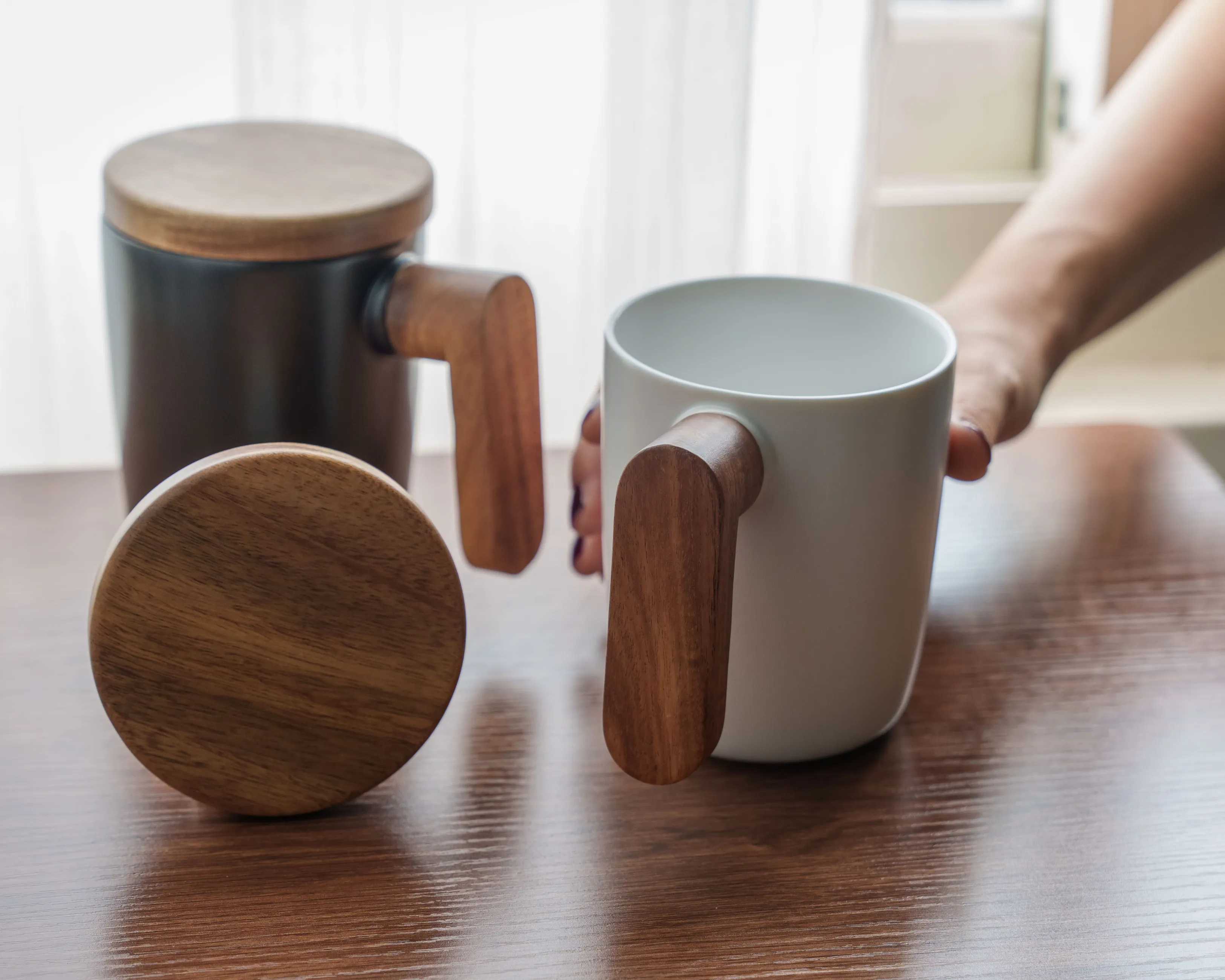 Ceramic Mug with Wooden Handle & Lid