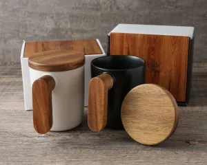 Ceramic Mug with Wooden Handle & Lid