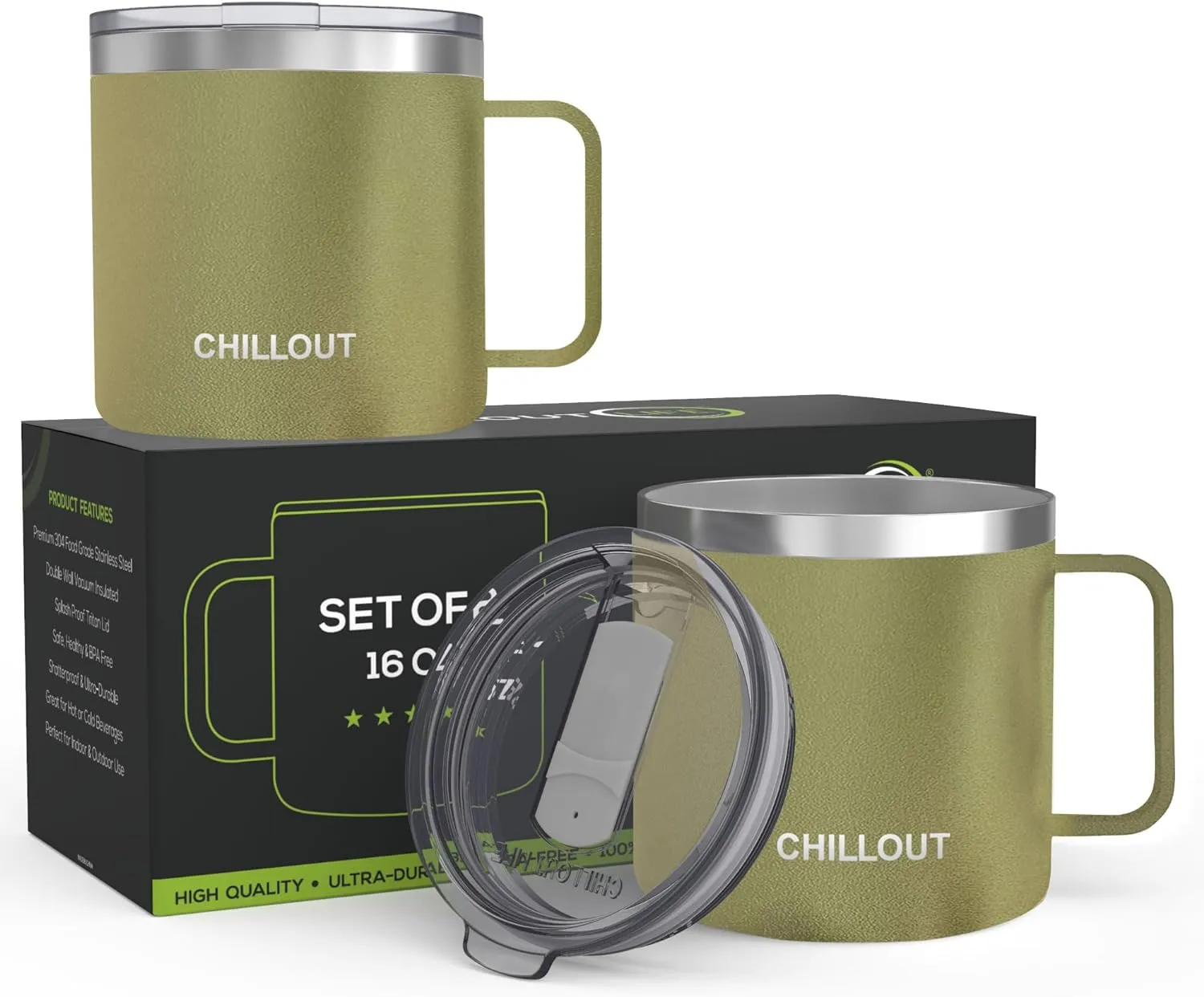 CHILLOUT LIFE Set of 2 - 16 oz Stainless steel Vacuum Insulated Coffee Mugs with Handle and Lid, Large Thermal Camping Coffee Mugs with Sliding Lid for Men & Women