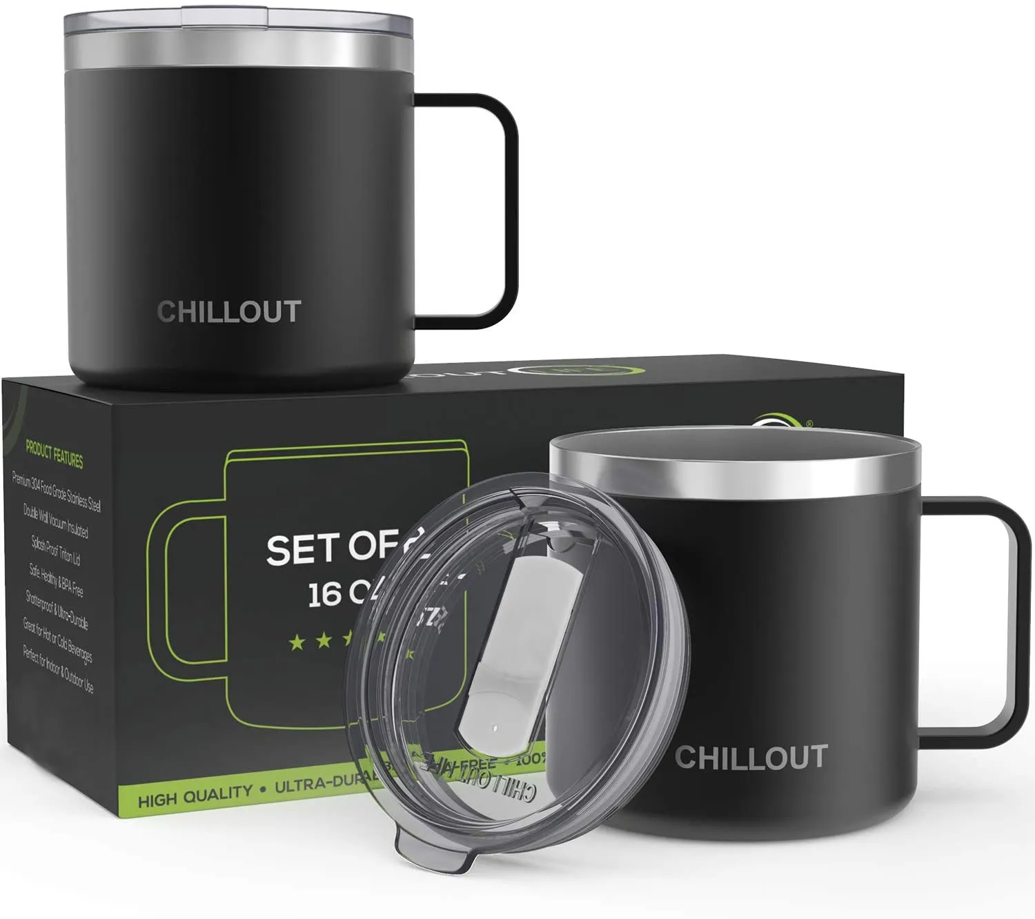 CHILLOUT LIFE Set of 2 - 16 oz Stainless steel Vacuum Insulated Coffee Mugs with Handle and Lid, Large Thermal Camping Coffee Mugs with Sliding Lid for Men & Women