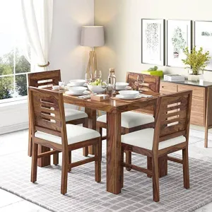 COMBAT FURNITURE Sheesham Wood 4 Seater Dining Table Set for Home Hall || Solid Wood Dining Table with 4 Cushion Chairs for Hotels || Dining Room Sets - (Teak Finish)