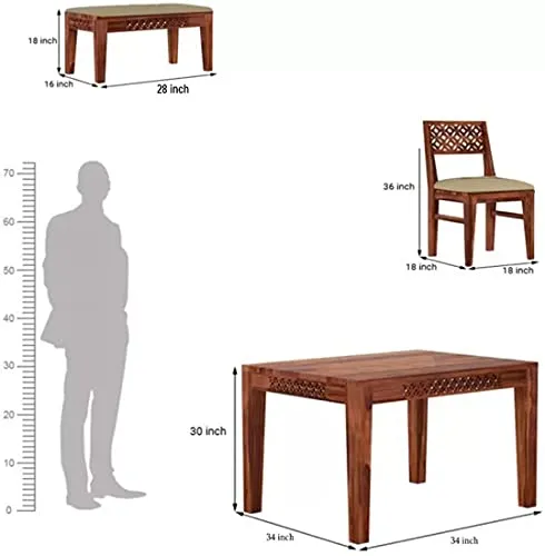 Decorworlds Sheesham Wood CNC 4 Seater Dining Table Set with 2 Cushion Chairs and 1 Bench for Living Room || Wooden Dining Room Sets Furniture Dinner Table Hotel - Honey Finish