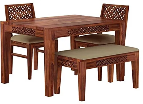 Decorworlds Sheesham Wood CNC 4 Seater Dining Table Set with 2 Cushion Chairs and 1 Bench for Living Room || Wooden Dining Room Sets Furniture Dinner Table Hotel - Honey Finish