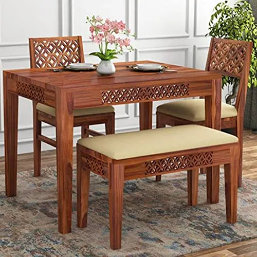 Decorworlds Sheesham Wood CNC 4 Seater Dining Table Set with 2 Cushion Chairs and 1 Bench for Living Room || Wooden Dining Room Sets Furniture Dinner Table Hotel - Honey Finish