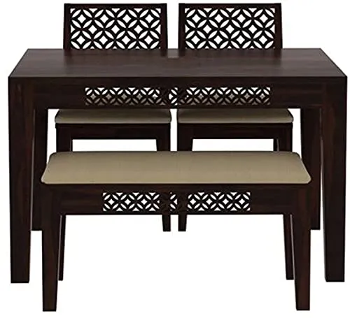 Decorworlds Sheesham Wood CNC 4 Seater Dining Table Set with 2 Cushion Chairs and 1 Bench for Living Room || Wooden Dining Room Sets Furniture Dinner Table Hotels - Walnut Finish