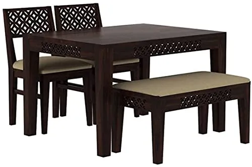 Decorworlds Sheesham Wood CNC 4 Seater Dining Table Set with 2 Cushion Chairs and 1 Bench for Living Room || Wooden Dining Room Sets Furniture Dinner Table Hotels - Walnut Finish