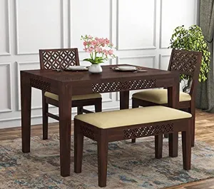 Decorworlds Sheesham Wood CNC 4 Seater Dining Table Set with 2 Cushion Chairs and 1 Bench for Living Room || Wooden Dining Room Sets Furniture Dinner Table Hotels - Walnut Finish