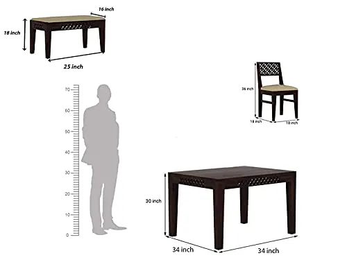 Decorworlds Sheesham Wood CNC 4 Seater Dining Table Set with 2 Cushion Chairs and 1 Bench for Living Room || Wooden Dining Room Sets Furniture Dinner Table Hotels - Walnut Finish