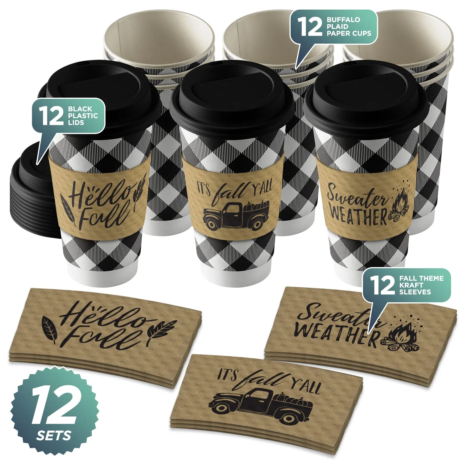 Disposable Coffee or Hot Chocolate Cups - Buffalo Plaid (Black and White Buffalo Plaid With Lids & Kraft Cup Sleeves in Assorted Fall Designs (Serves 12))