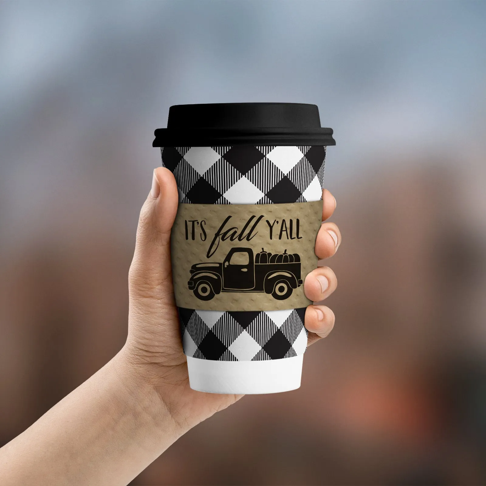 Disposable Coffee or Hot Chocolate Cups - Buffalo Plaid (Black and White Buffalo Plaid With Lids & Kraft Cup Sleeves in Assorted Fall Designs (Serves 12))