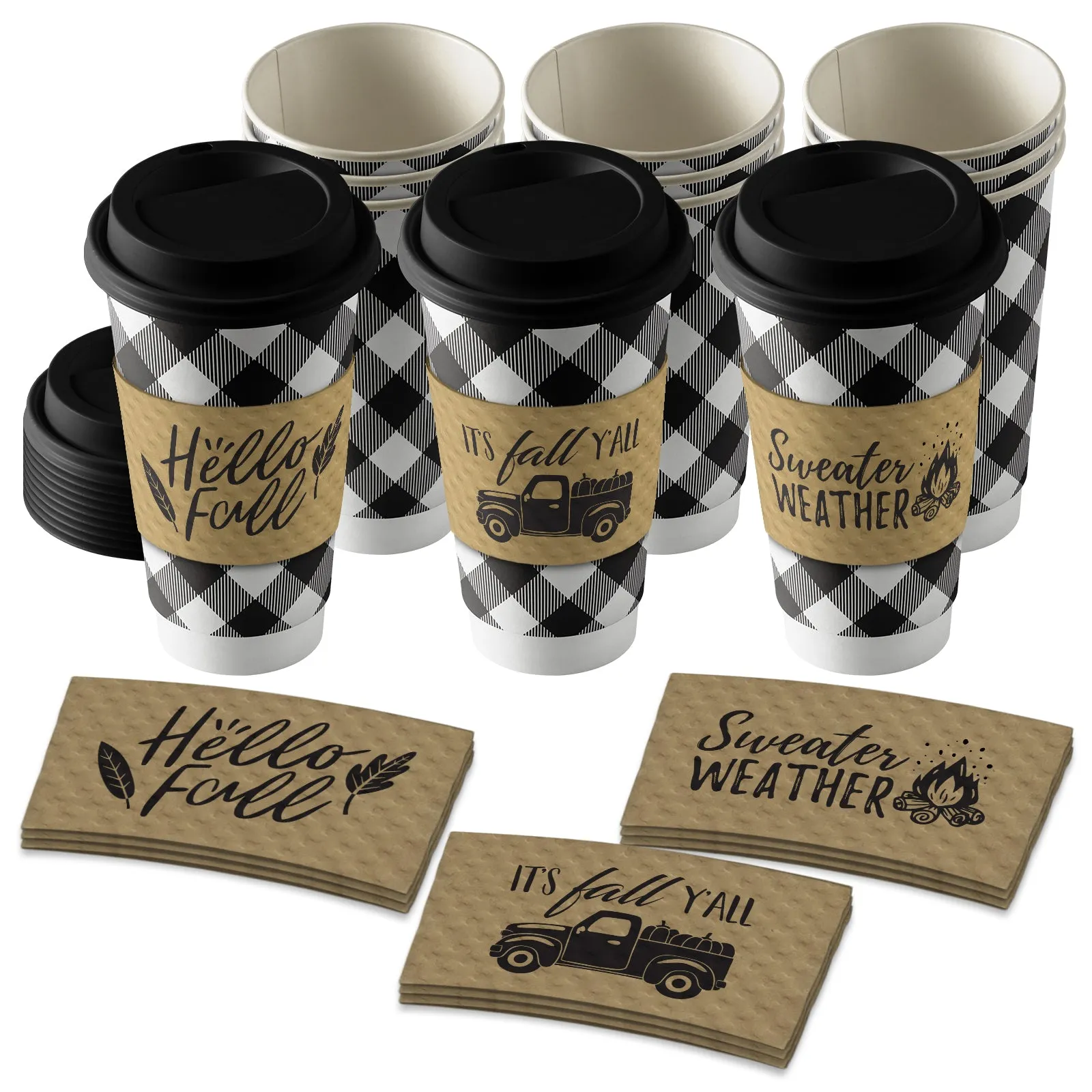 Disposable Coffee or Hot Chocolate Cups - Buffalo Plaid (Black and White Buffalo Plaid With Lids & Kraft Cup Sleeves in Assorted Fall Designs (Serves 12))