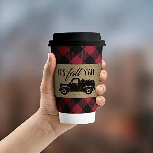 Fall Coffee Sleeves with Design Variety Pack: Kraft Brown with Black Print - Fits Standard Hot Cups (Red and Black Buffalo Plaid With Lids & Kraft Cup Sleeves in Assorted Fall Designs (Serves 12))