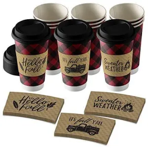 Fall Coffee Sleeves with Design Variety Pack: Kraft Brown with Black Print - Fits Standard Hot Cups (Red and Black Buffalo Plaid With Lids & Kraft Cup Sleeves in Assorted Fall Designs (Serves 12))