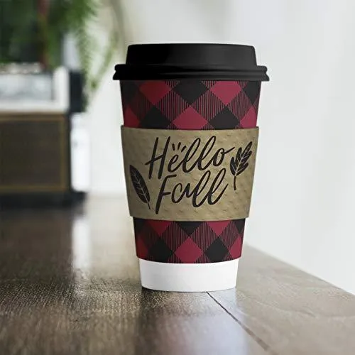 Fall Coffee Sleeves with Design Variety Pack: Kraft Brown with Black Print - Fits Standard Hot Cups (Red and Black Buffalo Plaid With Lids & Kraft Cup Sleeves in Assorted Fall Designs (Serves 12))