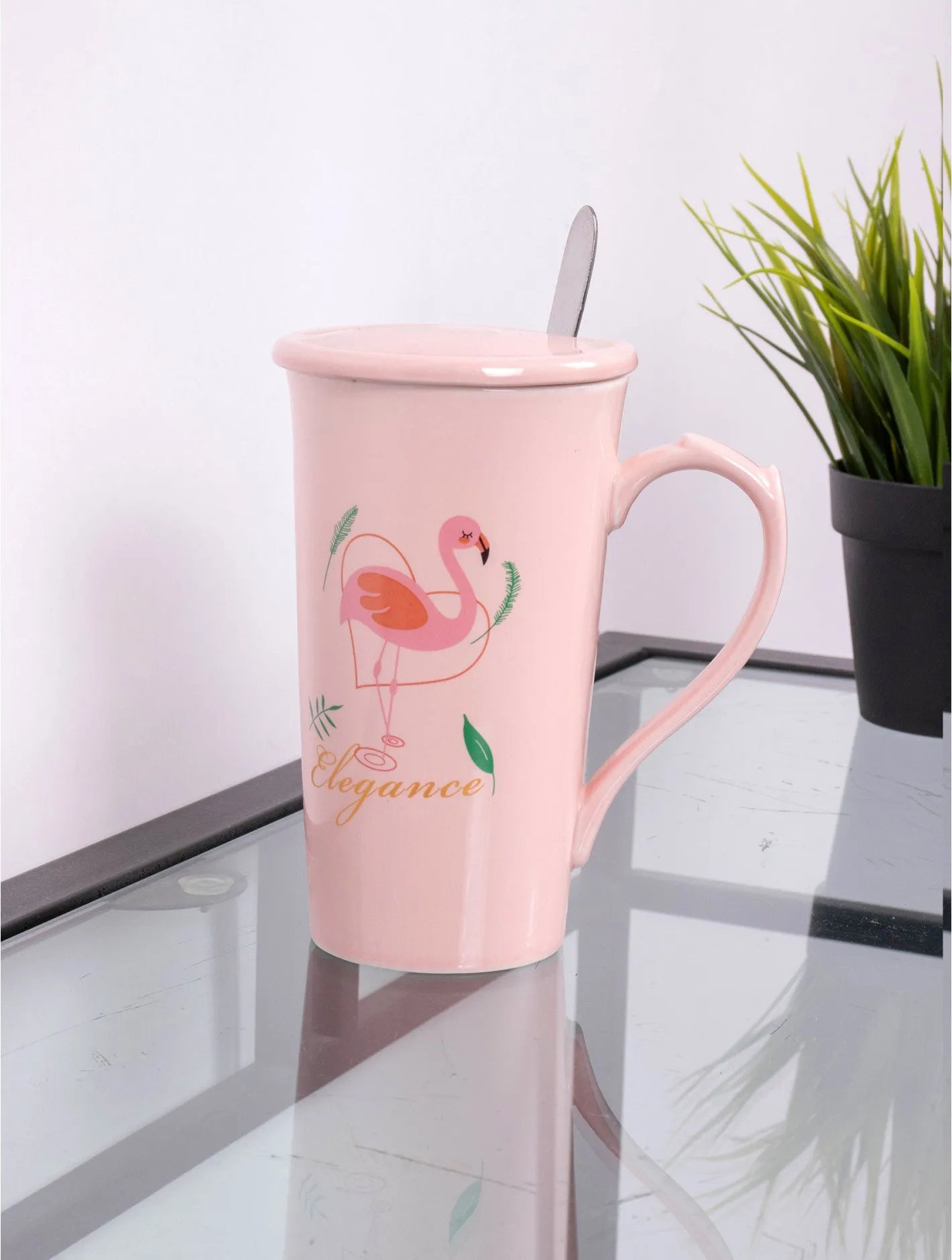 Flamingo Print Mug with Spoon & Lid