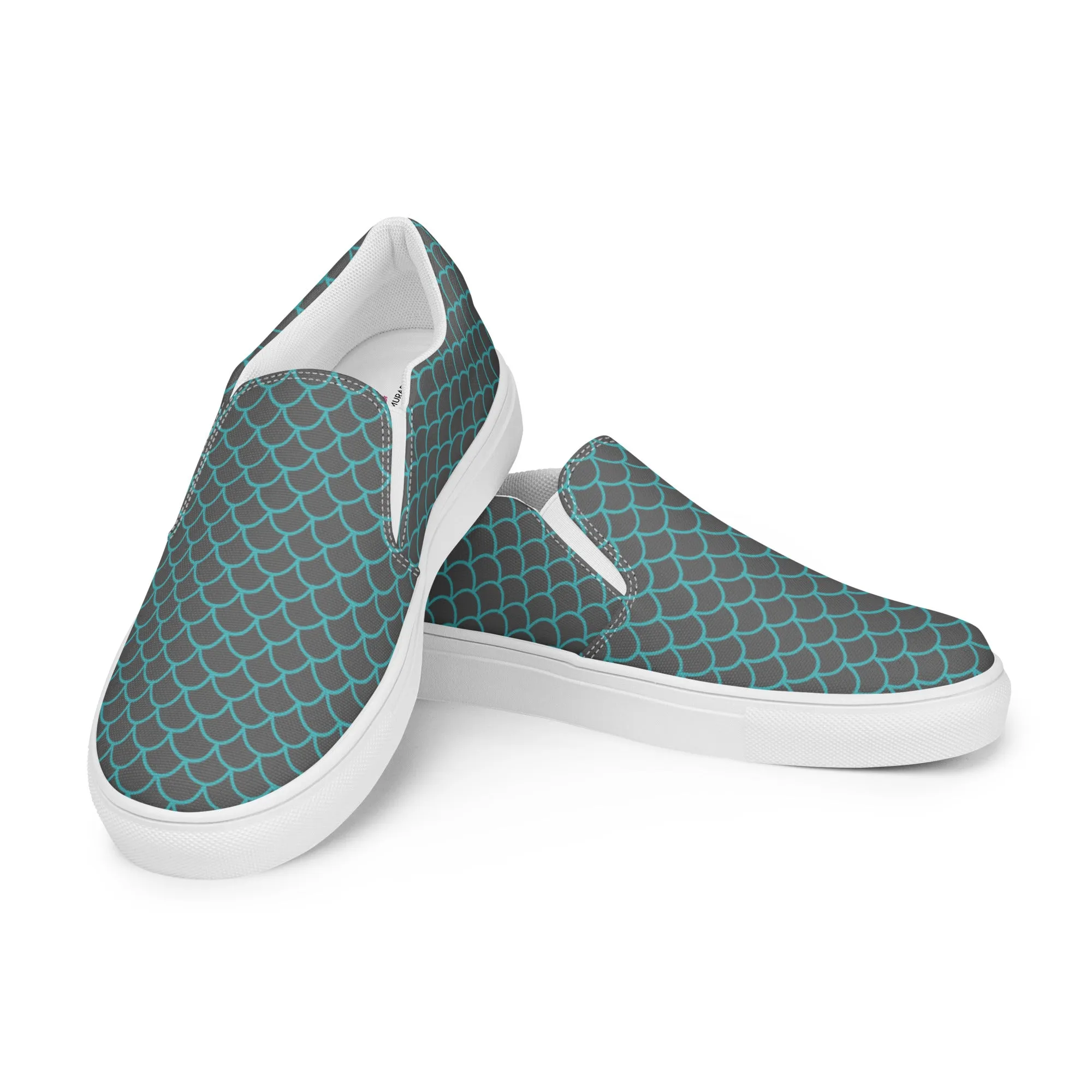 Grey Mermaid Women's Slip Ons, Blue and Grey Mermaid Scales Print Women’s Slip-On Canvas Shoes (US Size: 5-12)