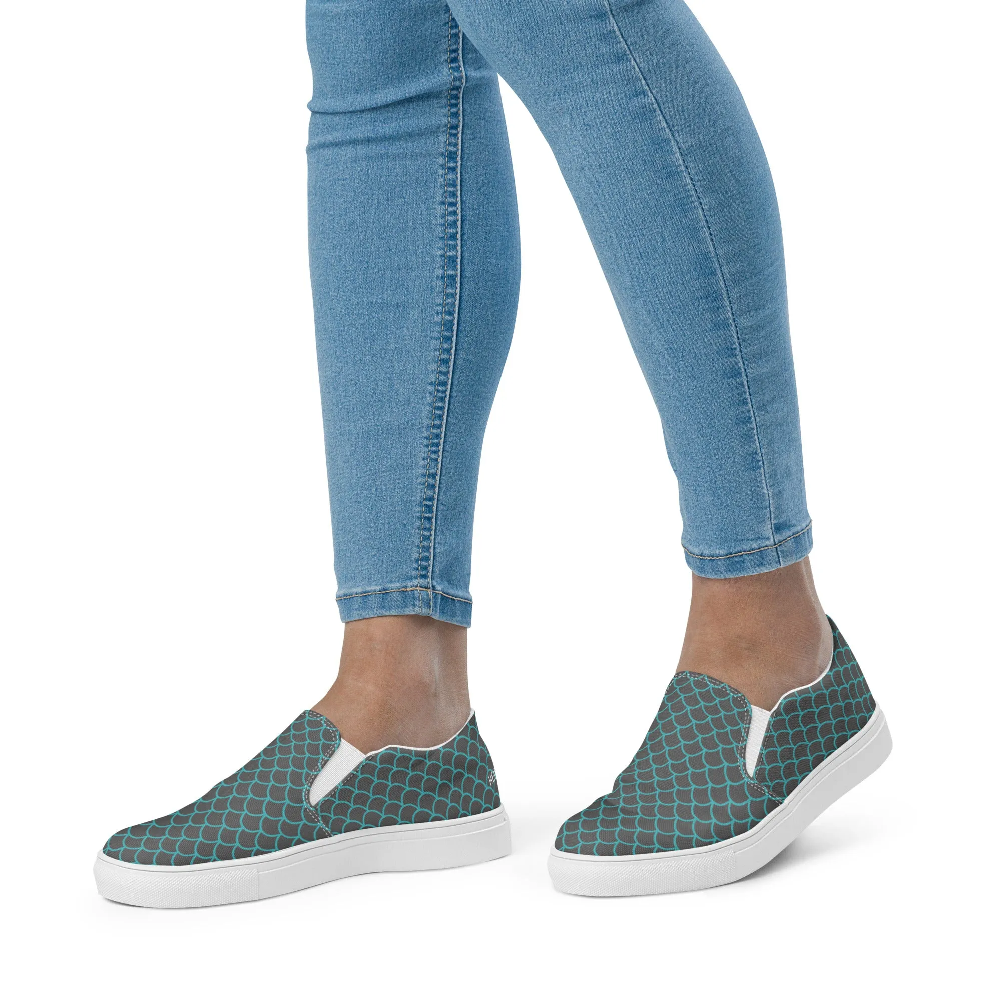 Grey Mermaid Women's Slip Ons, Blue and Grey Mermaid Scales Print Women’s Slip-On Canvas Shoes (US Size: 5-12)