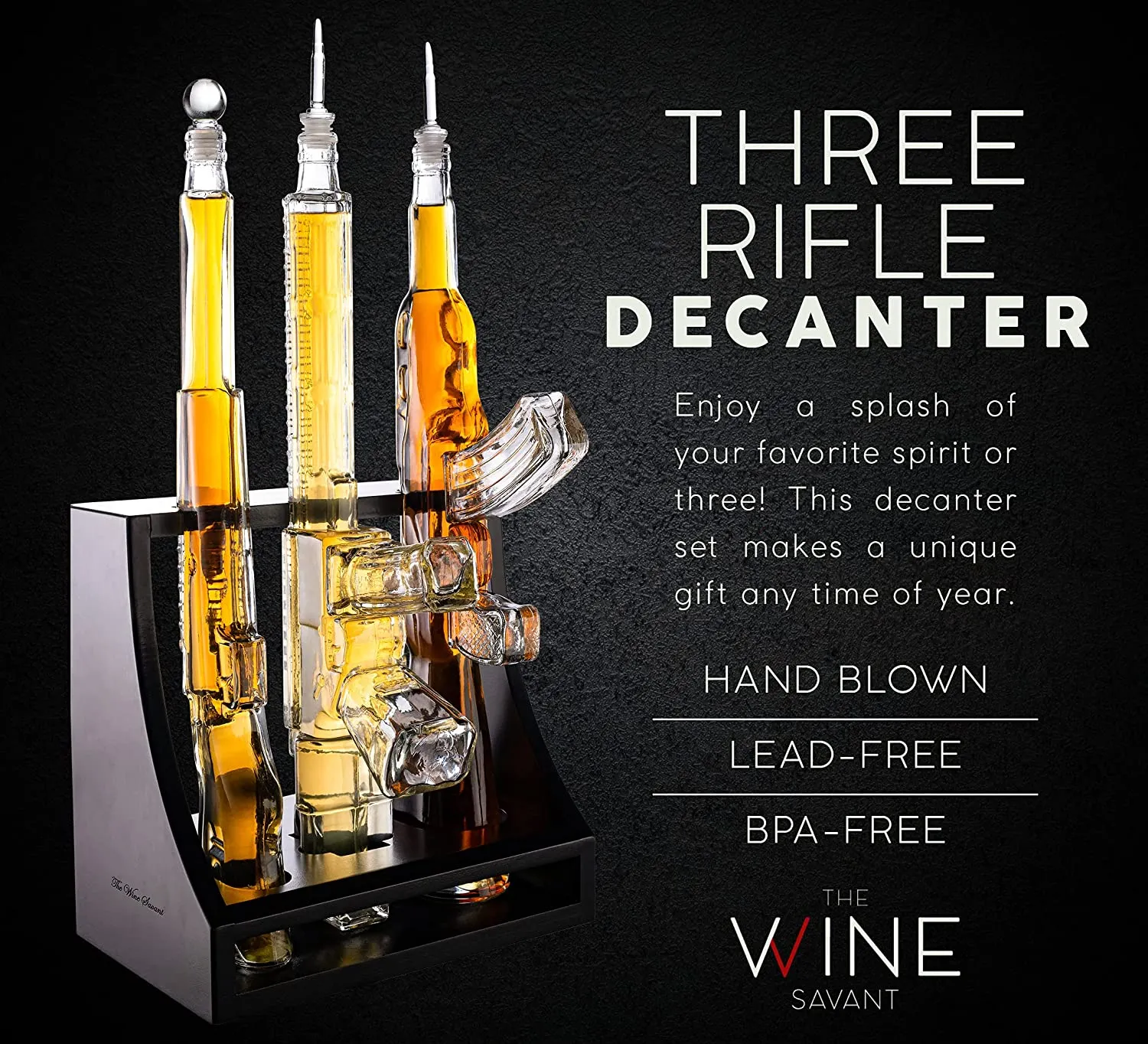 Gun Whiskey Decanter - 3 Gun Decanter with Glass AR-15, AK-47 and Rifle - Gun Gifts for Men - Whiskey Decanter Set by The Wine Savant