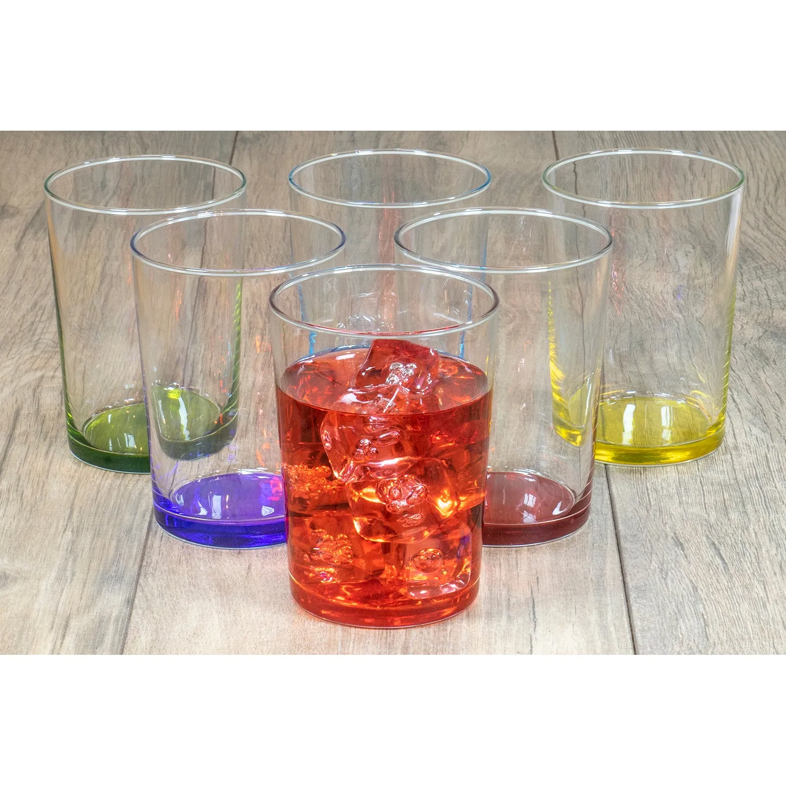 Large Rocks Clear Multi Colored Base Drinking Glass for Water, Juice, Beer, Whiskey, and Cocktails, 16 Ounce - Set of 6