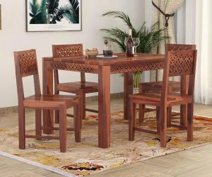 LIMBA DECOR Sheesham Wood CNC 4 Seater Dining Table 4 Chairs Without Cushion | Wooden Dining Room Set Dinner Table Furniture for Living Room Home Restaurant - Honey Finish