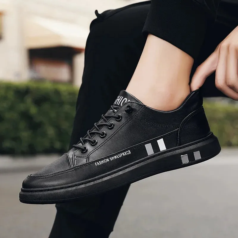 Men's Black White Leather Sneakers Low Top Shoes Trainers Waterproof Male Slip Sneaker - MS50288