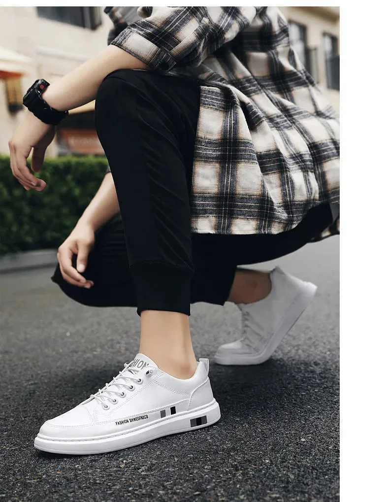 Men's Black White Leather Sneakers Low Top Shoes Trainers Waterproof Male Slip Sneaker - MS50288