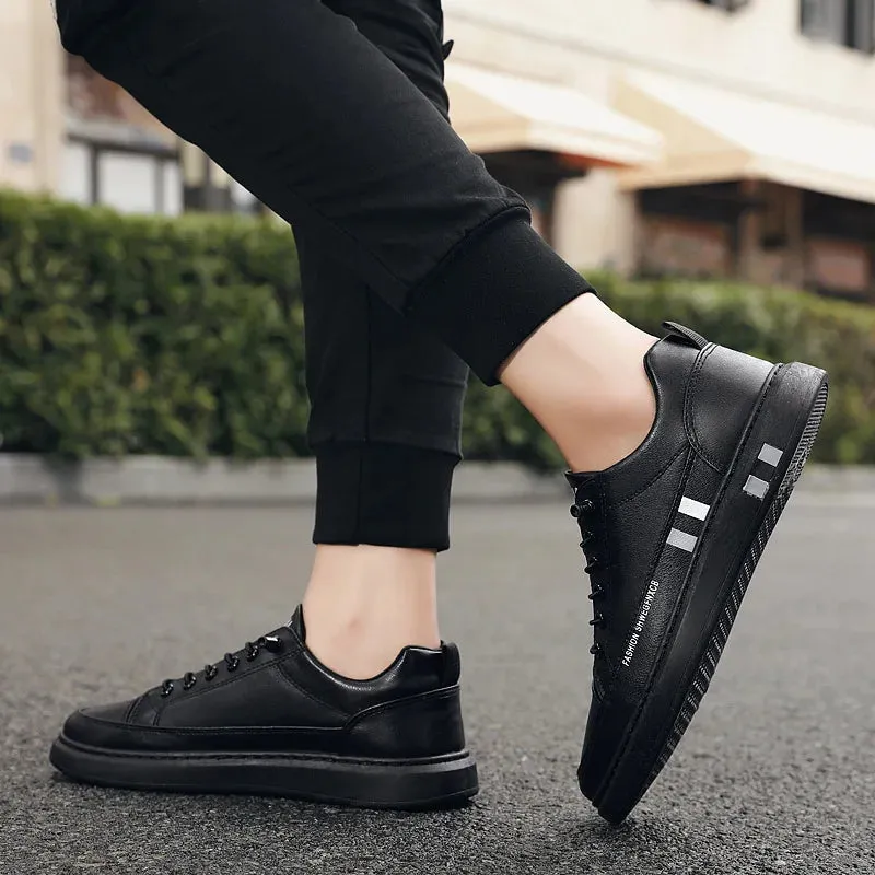 Men's Black White Leather Sneakers Low Top Shoes Trainers Waterproof Male Slip Sneaker - MS50288