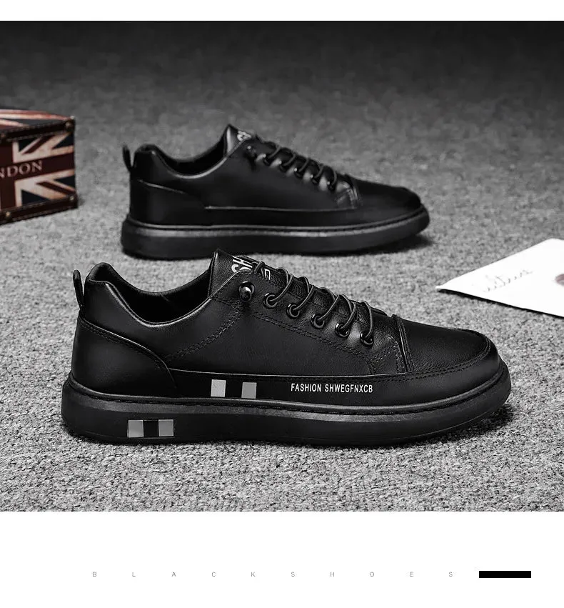 Men's Black White Leather Sneakers Low Top Shoes Trainers Waterproof Male Slip Sneaker - MS50288