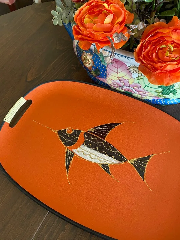 Mid Century Modern Decorative Tray Fish Motif - Orange, Black, White with Gold Glitter