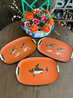 Mid Century Modern Decorative Tray Fish Motif - Orange, Black, White with Gold Glitter