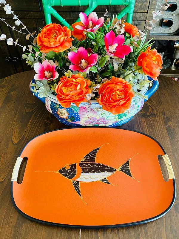 Mid Century Modern Decorative Tray Fish Motif - Orange, Black, White with Gold Glitter