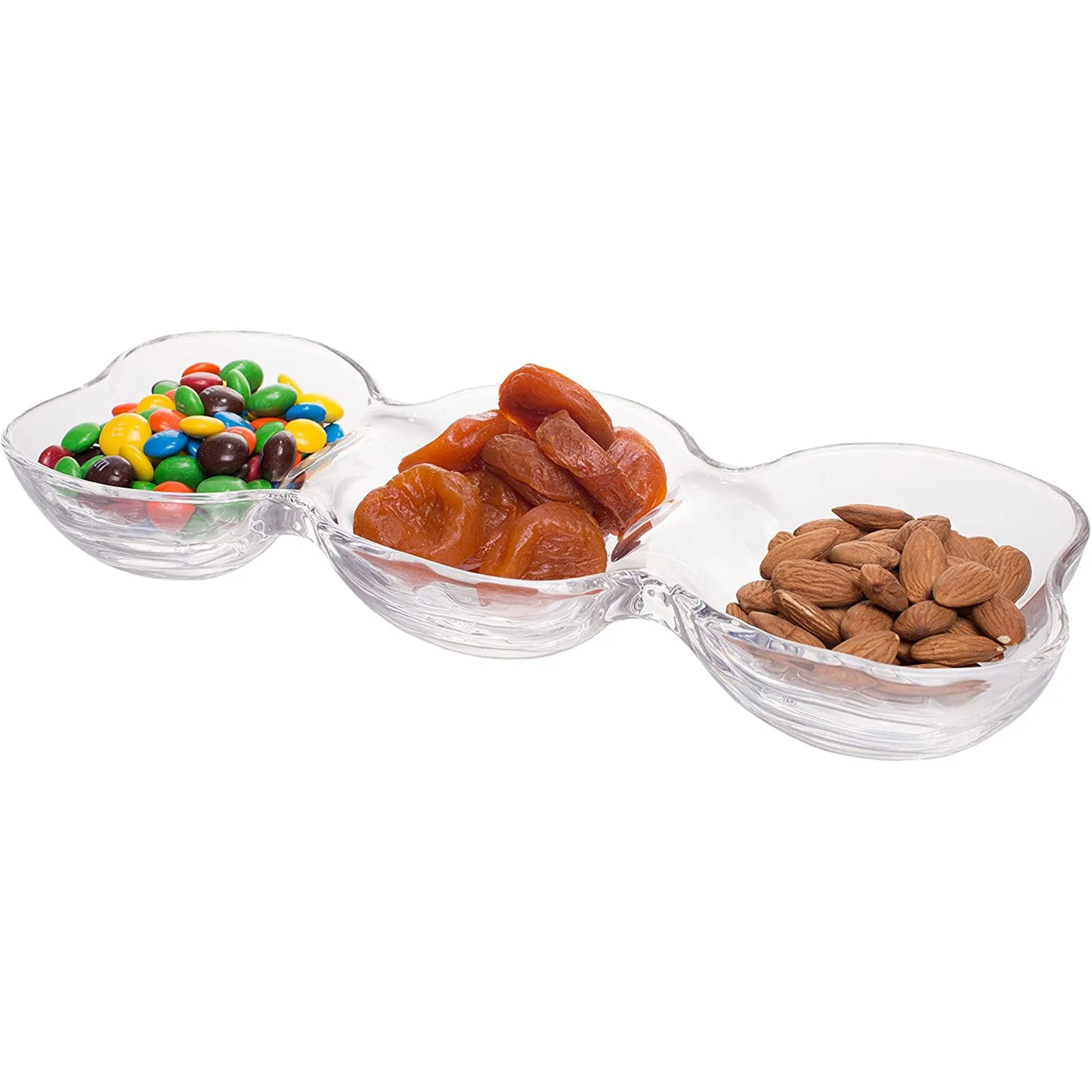 Modern Clear Glass Connected Snack Bowls - 3 Section Serving Platter