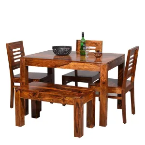 OS CRAFT Sheesham Wood 4 Seater Dining Table Set for Home Hall || Solid Wood Dining Table with 3 Chairs and Bench for Hotels || Dining Room Sets - (Natural Teak Finish)