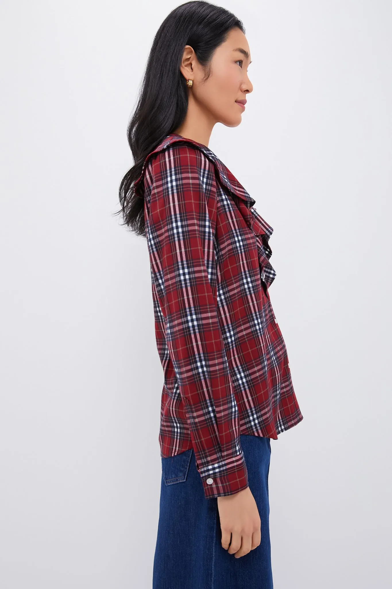 Red Plaid V Neck Ruffle Eileen Button Down