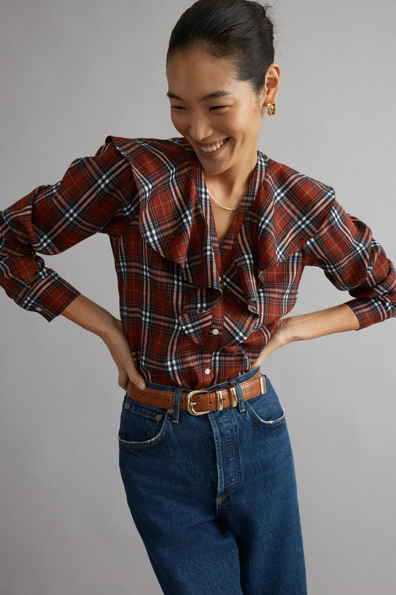 Red Plaid V Neck Ruffle Eileen Button Down