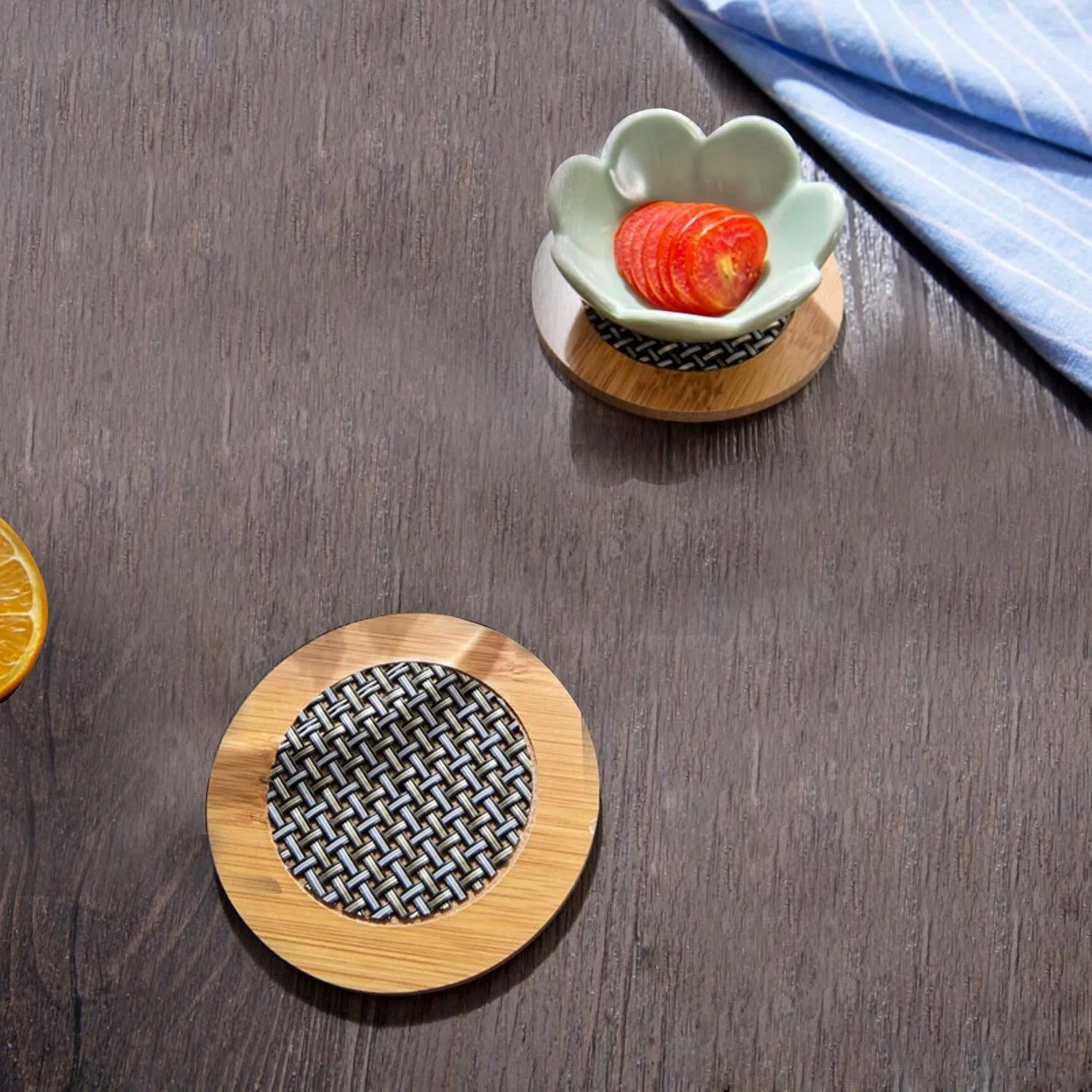 Round Shape Heating Insulation Wooden Coaster Heat Table Ware Pad Placemat for Hot Utensils set of 2