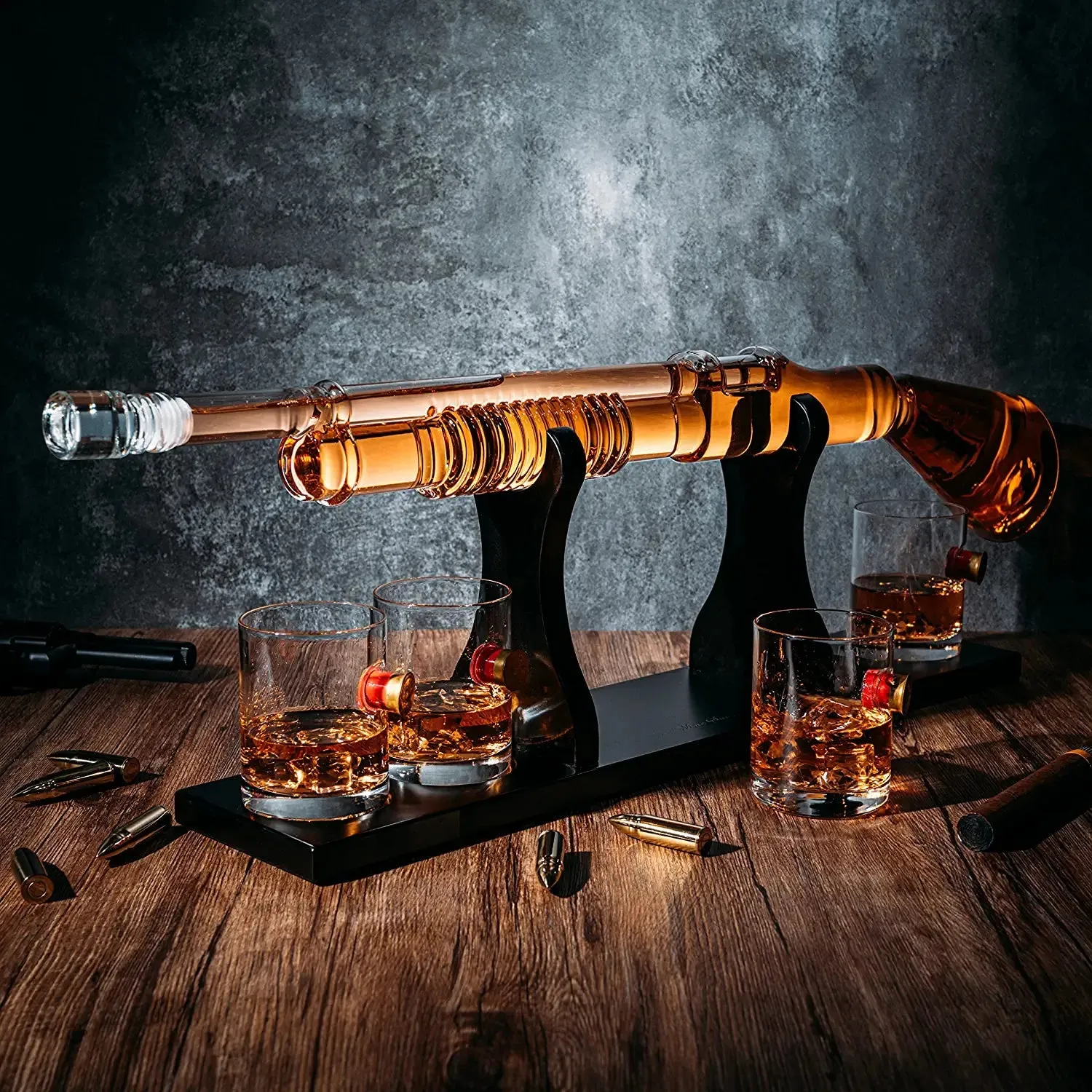 Shotgun Whiskey Decanter Set - Limited Edition ,Silencer Stopper - 800 ml & 4 12oz Bullet Glasses - Unique Gift - Drinking Party Accessory, Handmade Gun Liquor Decanter, Tik Tok Gun Decanter by The Wine Savant